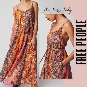 Free People dress maxi Small floral boho belted ruffle cotton